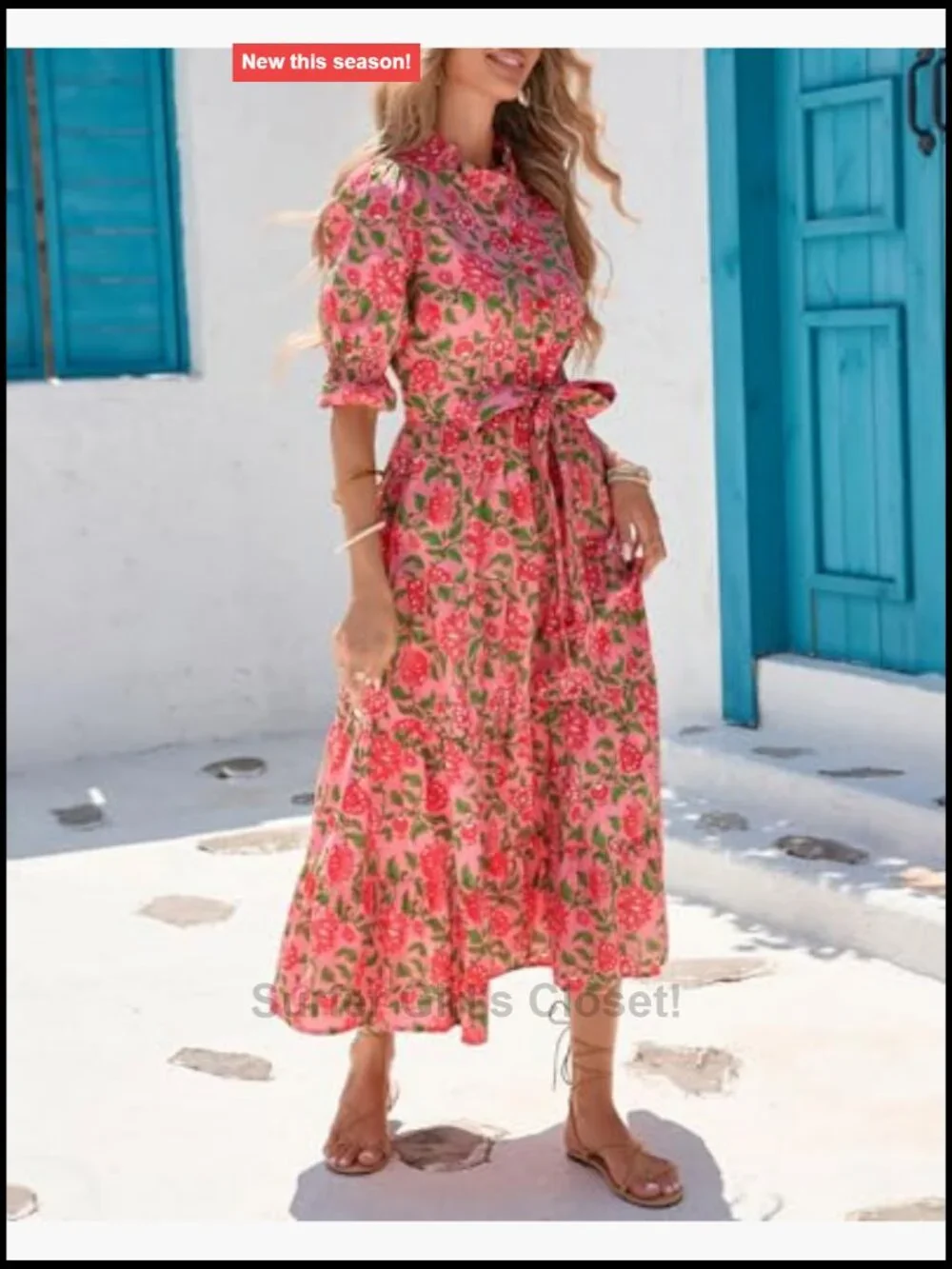 Floral Printed Stand Ruffle Collar Midi Dress Half Sleeve Button Down Flowy